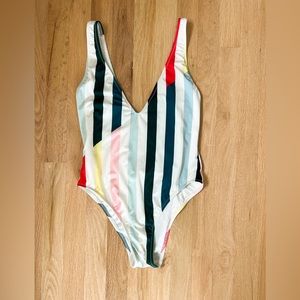 Solid & Striped One Piece Swimsuit, M